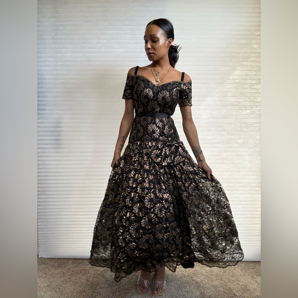 Vintage Saks Fifth Avenue “After Five” Gold & Black Lace Gown — Union Made - Picture 5 of 13